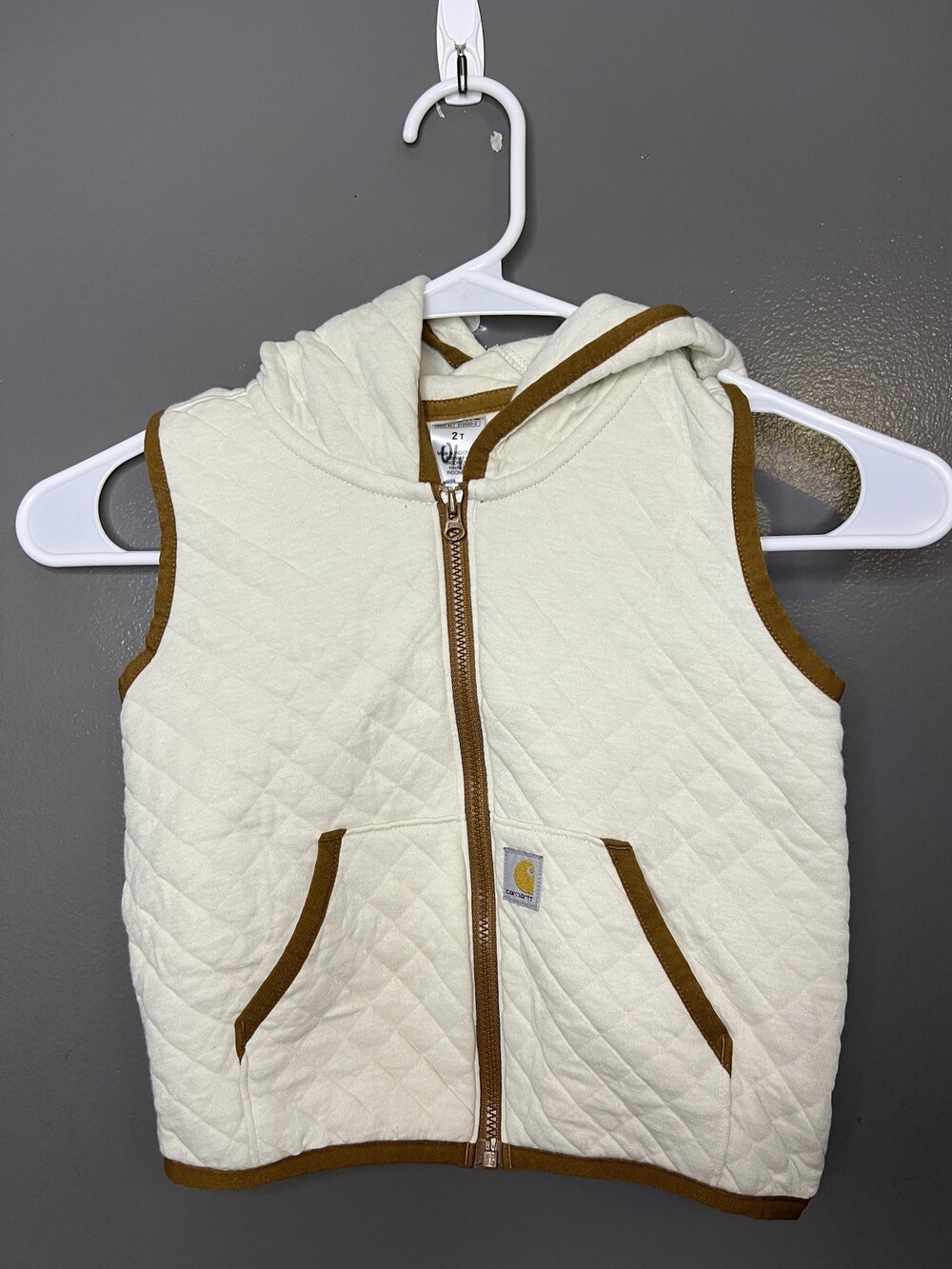 Carhartt Vest Girls 2T White Quilted Hooded Full Zip Pockets Brown Trim Lined